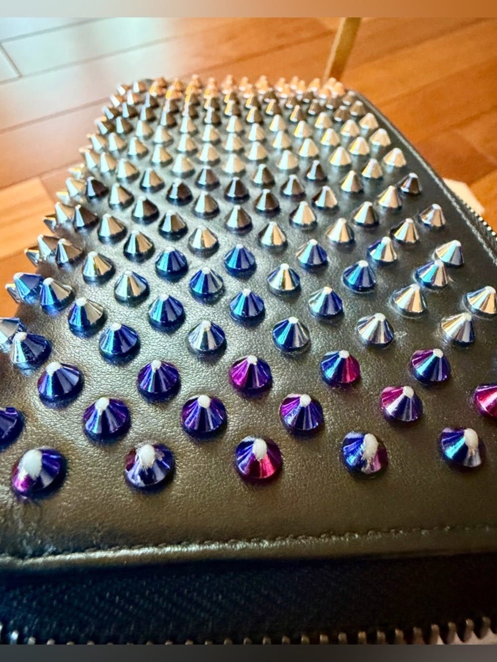 Louboutin Panettone Wallet,Black with Rainbow Spiked Studded Zip Around closure’ - Picture 7 of 16